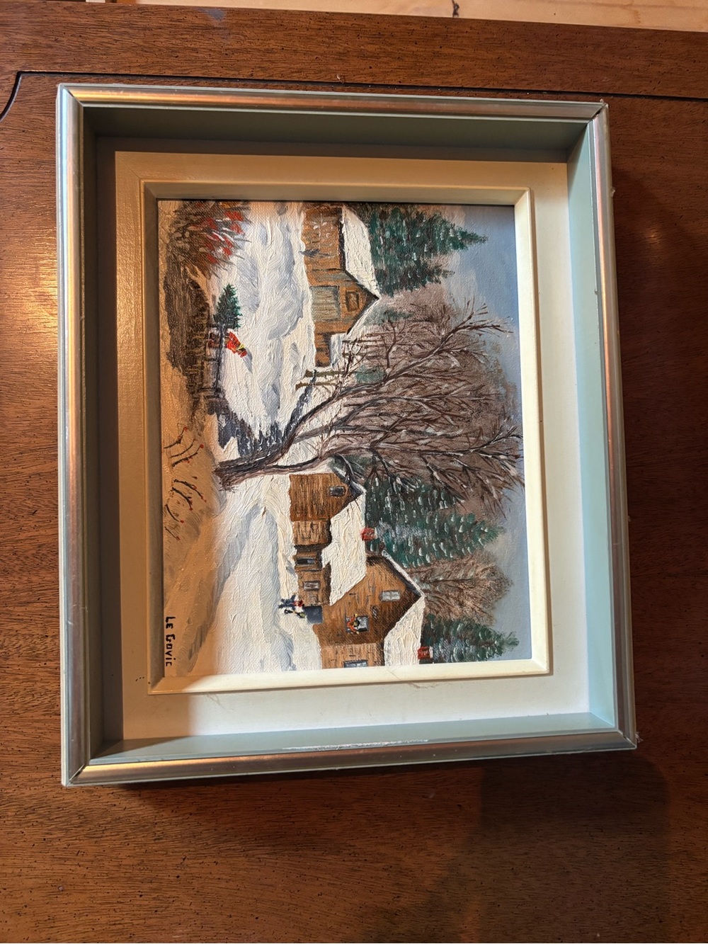 Framed Winter Village Landscape Painting - White & Brown